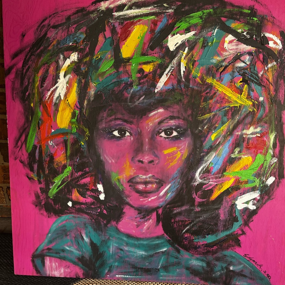 “Pink Girl” by Edgar Garcia acrylic painting on wood